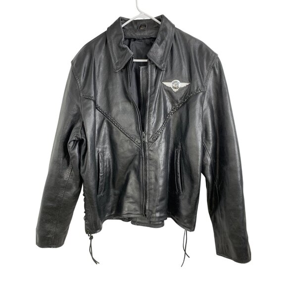 Harley-Davidson Black Leather Moto Jacket Wing Logo Mens Size L RJ10110 - Picture 1 of 10